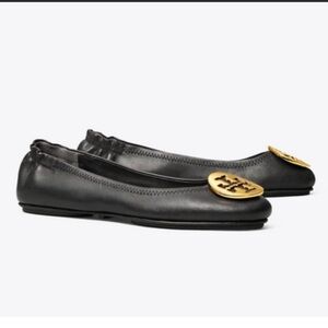 Tory Burch Minnie Travel Black Leather Gold Metal Logo Ballet Flats Shoes - 8.5